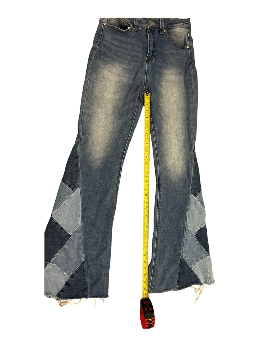 Size 9-Indigo Rein Women's Blue Patchwork Flare Jeans - Picture 3 of 4